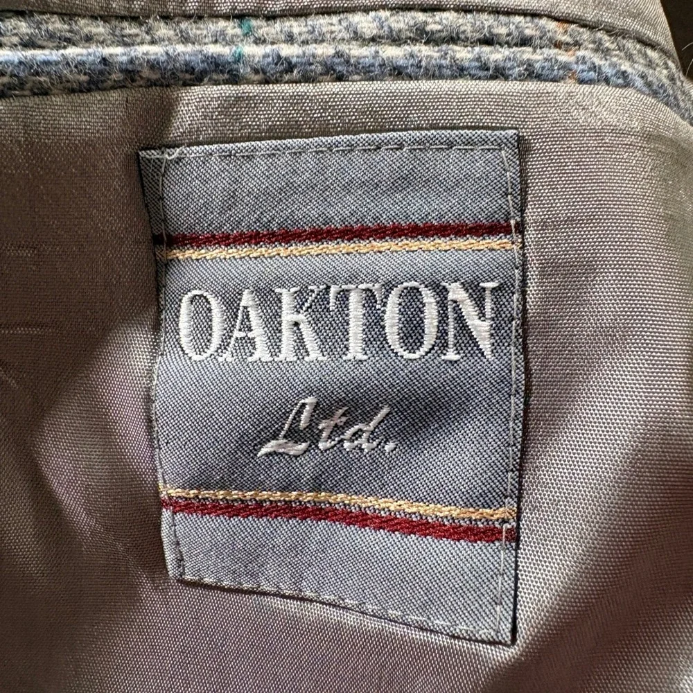 Oakton Ltd Wool Blazer Mens 46R Grey Herringbone Windowpane Sport Coat USA Made